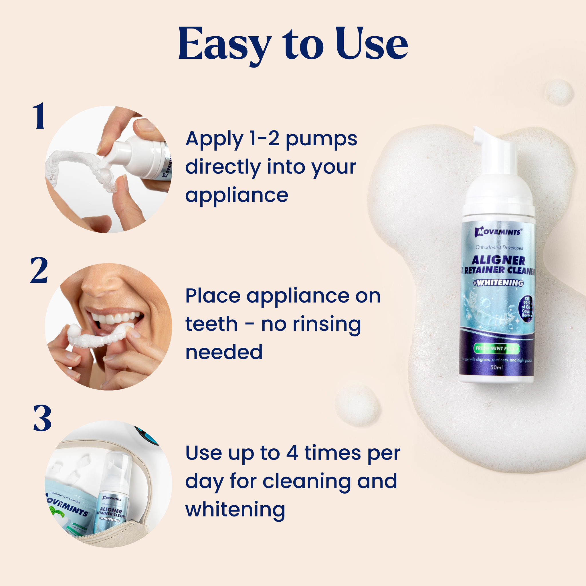 How to Use steps for Movemints Aligner & Retainer Cleaning + Whitening Foam